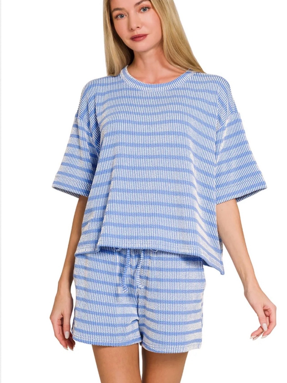 Light Blue and White Striped Knit Lounge Set